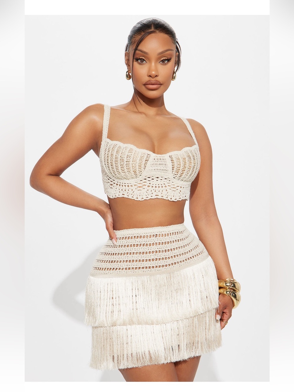 Fashion Nova Cream Crochet Bralette and Fringe Skirt Set